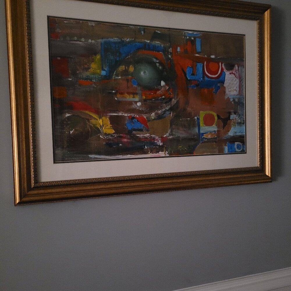 Green earth original abstract painting in acrylics 31"x42 framed in glass